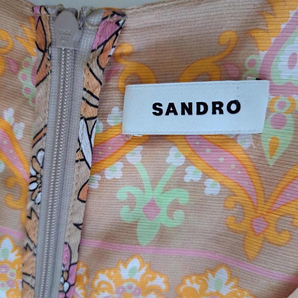 SANDRO Dieppe Printed Wide Leg Jumpsuit Size 36/4 Tan Retro Floral Cutout Plunge - Picture 6 of 11